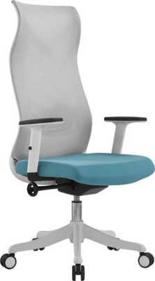 Kancelárska otočná stolička, operadlo zo svetlošedej sieťoviny, tyrkysové sedadlo, biely plastový kríž, „Avalon“