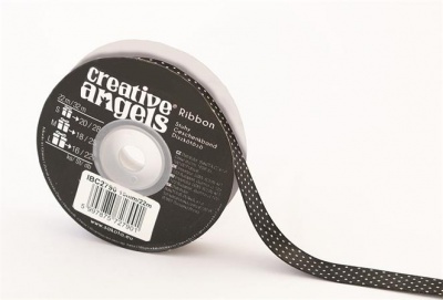 Saténová stuha, 15 mm x 22 m, čierna s bielymi bodkami