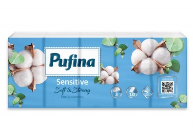 Papierové vreckovky, 3-vrstvové, 10×10 ks, PUFINA "Sensitive"