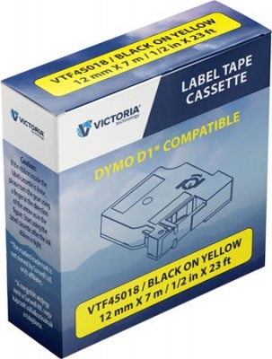 Páska do štítkovača 12 mm x 7 m, kompatibilita: DYMO D1, VICTORIA TECHNOLOGY, žltá-čierna